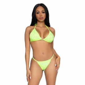 Leg Avenue 2-Piece Domino Bikini Set with Diamond Pattern Rhinestone Top and Cheeky Ruched Bottoms