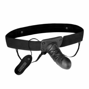 Unisex Strap On Harness with Vibrating Hollow Dildo - Black