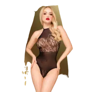 Blooming Era Lace Teddy with High Neck Floral Design in Black (S/L)