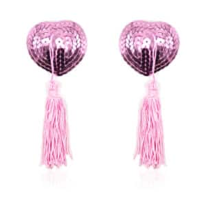 Elite BDSM Heart-Shaped Sequin Nipple Pasties with Tassels - Pink