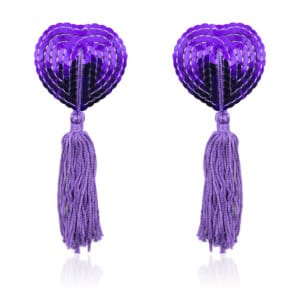 Elite BDSM Heart-Shaped Sequin Nipple Pasties with Tassels - Purple