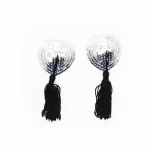 Elite BDSM Heart Shaped Silver Sequin Nipple Pasties with Black Tassels