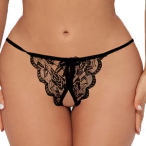 Lace Scalloped Crotchless Thong Panty with Bow - Black - OS