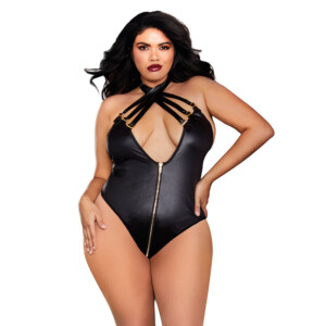 Black Faux Leather Wet Look Knit Zip Up Halter Teddy - Queen Size