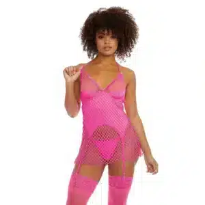 Hot Pink Double-Layered Sheer Slip with Garter Straps - OS
