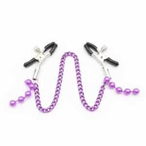 Elite BDSM Adjustable Metal Nipple Clamps with Purple Chain and Pearls