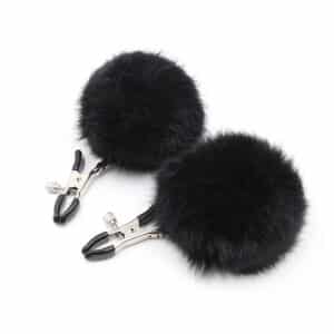 Elite BDSM Furry Pom Pom Nipple Clamps - Black