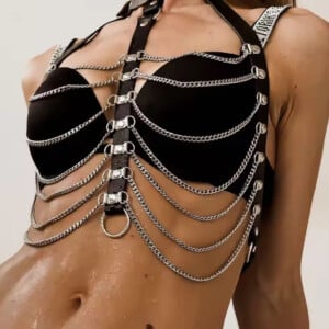 Elite BDSM Women's Faux Leather Studded Chest Harness withCollar and Chains - OS