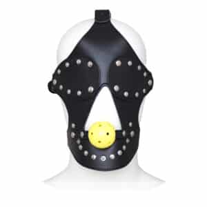 Elite BDSM Black Studded Faux Leather Face Mask with Yellow Ball Gag