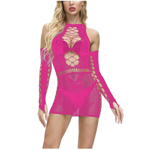 Neon Pink Lace Cut-Out Mini Dress with Sleeves - OS
