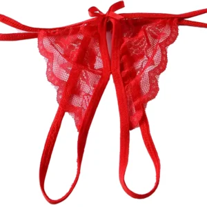 Red Lace Scalloped Crotchless Panty with Satin Bow - OS