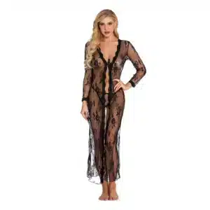 Lightweight Long Black Lace Robe with Scalloped Lace Trim - Black - OS
