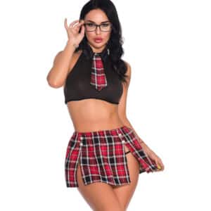 3 Piece Sexy School Girl Outfit with Plaid Miniskirt and Tie - OS