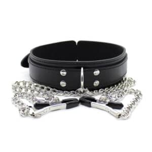 Elite BDSM Black Bondage Collar with Nipple Clamps