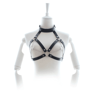 Elite BDSM Women's Faux Leather Cupless Harness with Collar and Chains- OS