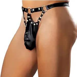 Men's Fetish Faux Leather Studded Thong - Black - Large