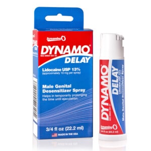 Dynamo Delay genital desensitizer spray box and bottle.