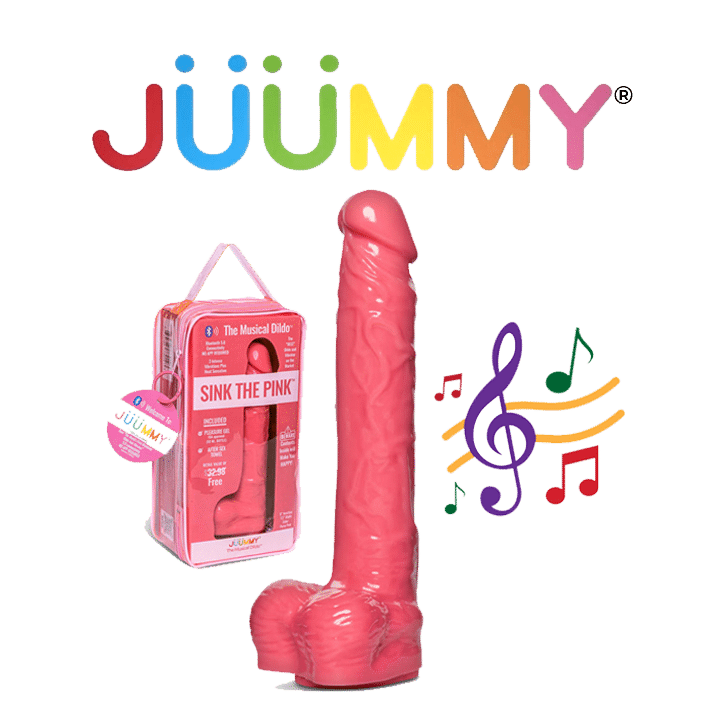Pink musical dildo with colorful logo and notes.
