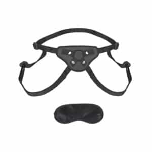Black strap-on harness and blindfold set.