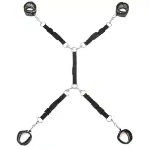 Black adjustable restraint system with four cuffs.