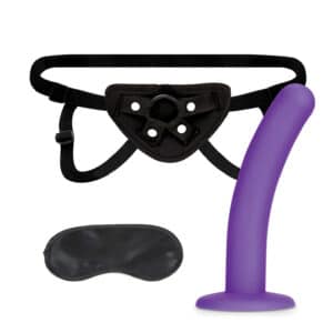 Black harness set with purple dildo and blindfold.