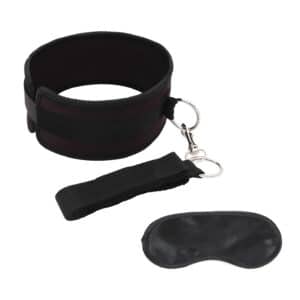 Black bondage set with blindfold and restraints.