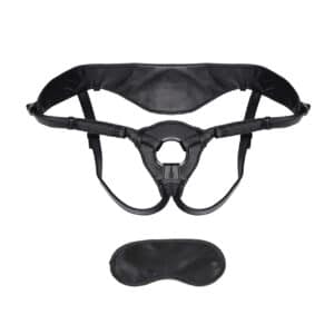 Black leather strap-on harness and blindfold set.