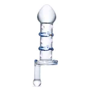 Glass toy with blue and pink accents.
