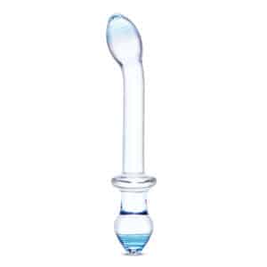 Clear glass massage wand with blue accents