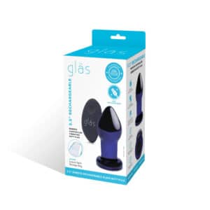 Rechargeable glass butt plug with remote control packaging.