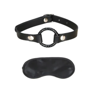 Black leather gag and blindfold set