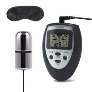 Electro-sex wand and blindfold set with control unit.